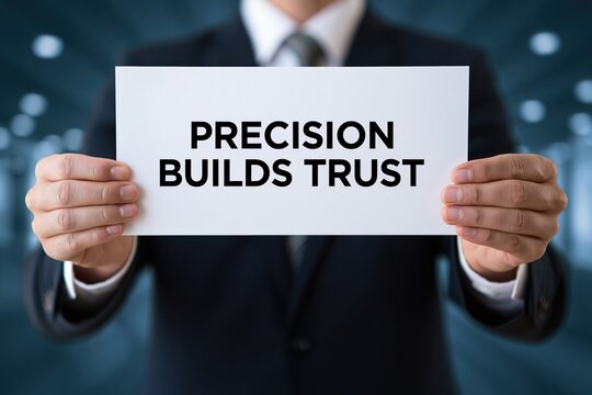 businessman holding sign reading precision builds trust