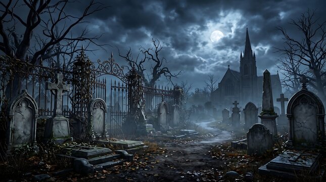 Spooky gothic cemetery at night with dark clouds and full moon shining over ancient stone church.