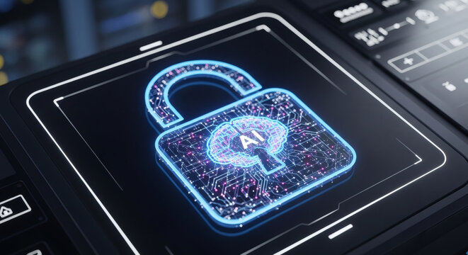 Futuristic Digital Security Lock with Artificial Intelligence Brain Icon on High Tech Computer Screen