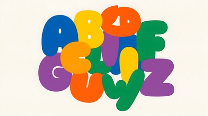 Fototapeta premium A vibrant abstract arrangement of colorful alphabet-inspired shapes forming a playful typographic composition on a clean light background.