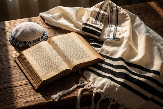 Wooden table displays open holy book with Hebrew text beside it rest prayer shawl and kippah head covering. Objects suggest Jewish faith study or holiday ritual.