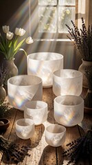Obraz premium Set of frosted quartz crystal singing bowls on wooden table. Sunlight shines through window creating rainbow light leaks. White tulips, dried lavender decorate cozy interior. Zen sound healing