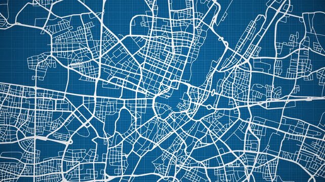 Ink reveal animation of Munich (M&uuml;nchen) city, state of  Bavaria, Germany, grid map. Aerial top view. Blueprint style. White lines with blue background. 4K Seamless loop.