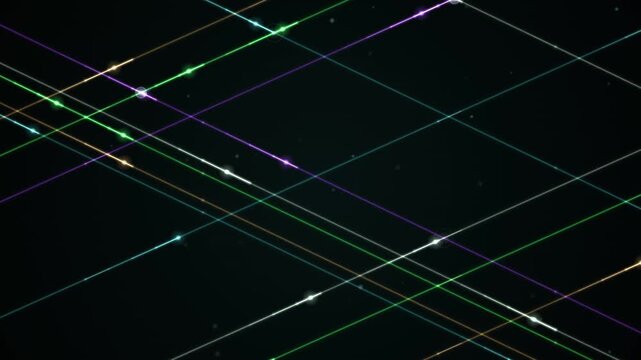Multicolored laser streaks crossing a dark field create a glowing looping background overlay.