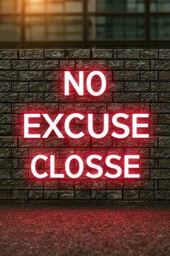 Red neon sign no excuse on brick wall