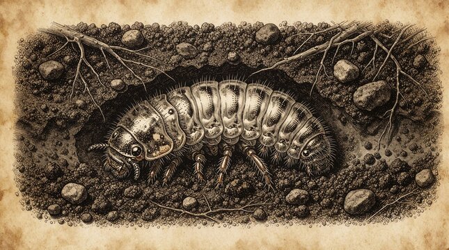 Detailed vintage engraving shows segmented grub larva burrowing through dark soil. Insect pest crawls underground near plant roots, small stones. Natural history illustration of creepy crawly