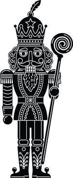 Black and white line silhouette of a traditional nutcracker soldier holding a spiral staff, isolated on a white background, for holiday decor