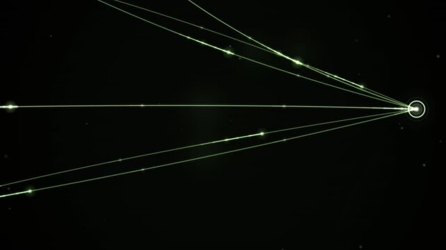 Green light rays converge toward a bright focal point on a black looping background.