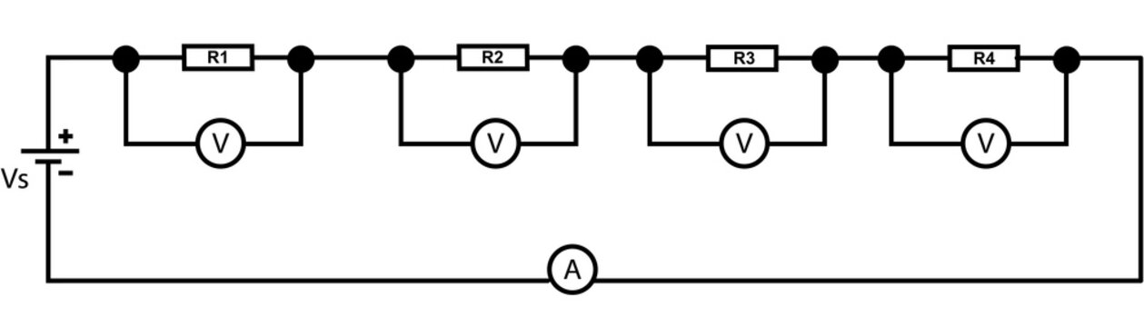 Electrical Series Circuit Schematic With Voltmeter and Ammeter Showing four Resistors and Voltage Source
