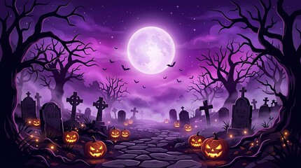 Fototapeta premium A spooky halloween night scene featuring a graveyard illuminated by a full moon and glowing jack o' lanterns creating a chilling atmosphere