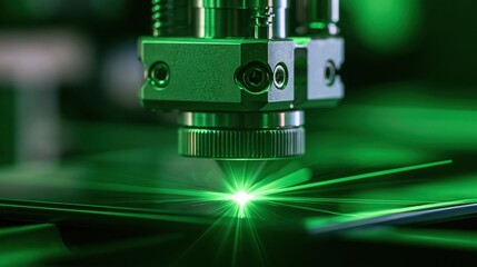 Fototapeta na wymiar Green laser beam emitting from precision metal lens