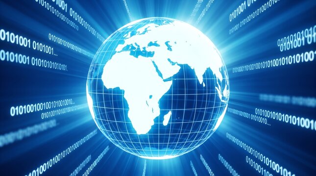 Glowing digital earth globe with binary code stream for global internet network and telecommunication.