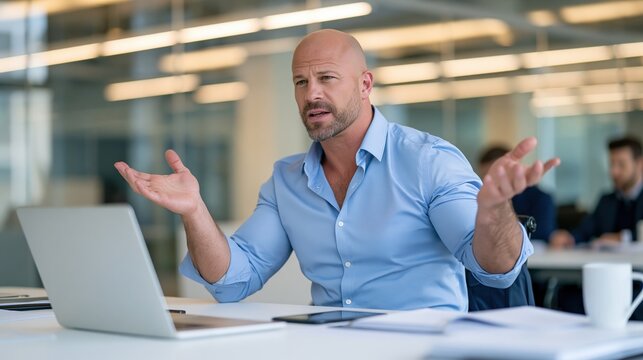 Businessman gestures with hands open while looking confused at laptop screen.