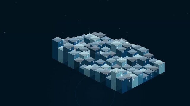 An isometric 3d building model serves as a looping background overlay for animated scenes