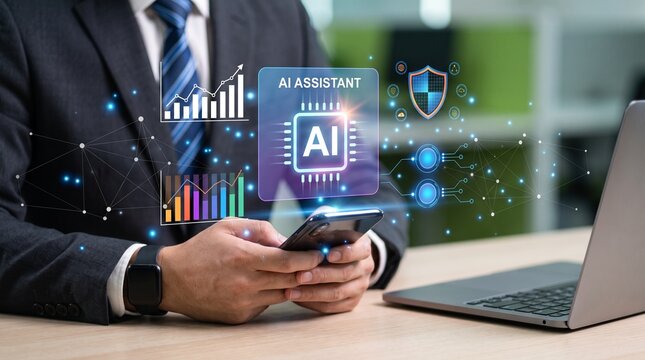 Businessman using smartphone with ai assistant interface with assistant graphics floating businessman holds technology computer security person with office