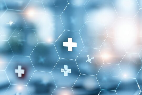 Medical symbols on hexagonal grid background