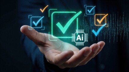 Obraz premium Man holds artificial intelligence verification icons with binary code background. Digital approvals and quality assurance checks are represented by glowing checkmarks over a hand.