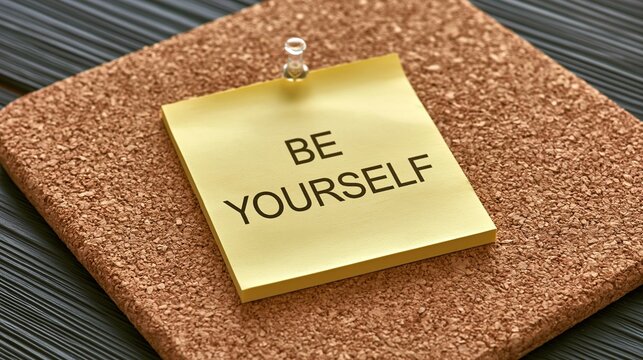Yellow sticky note pinned to corkboard displaying be