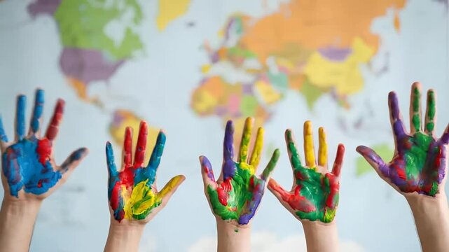 Children raising their colorful painted hands in front of a world map in a classroom during an art lesson, symbolizing global education, unity, and creativity.