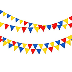 Obraz premium Colorful party bunting flags in red blue and yellow hanging for celebration