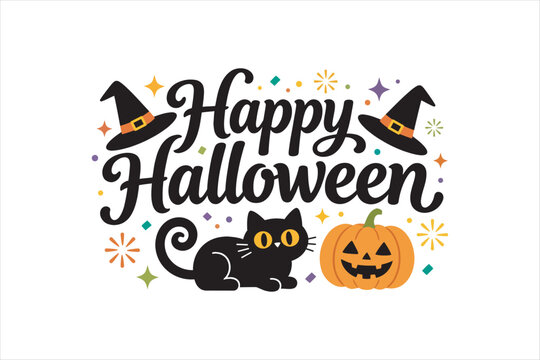 Happy Halloween typography lettering with witch hat, black cat, and pumpkin in flat 2D style. Vector concept for greeting card banner.