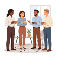 Obraz premium Diverse colleagues enjoying coffee break, office discussion, teamwork, casual meeting