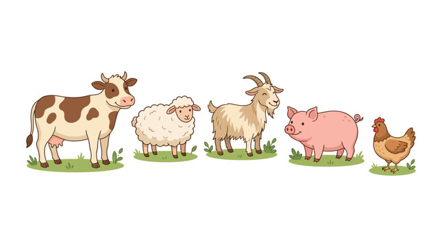 Farm Animals Cartoon Collection - Cow, Sheep, Goat, Pig, Chicken