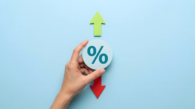 Hand holding paper cutout of percentage sign with downward pointing arrow on blue background