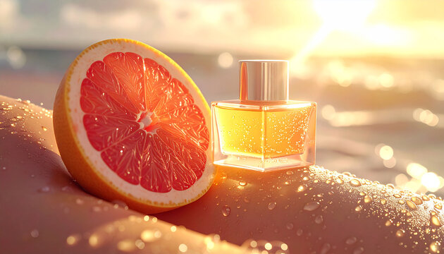 A vibrant grapefruit half and a golden perfume bottle on sun-kissed skin with water droplets, against a sparkling ocean background at sunset.