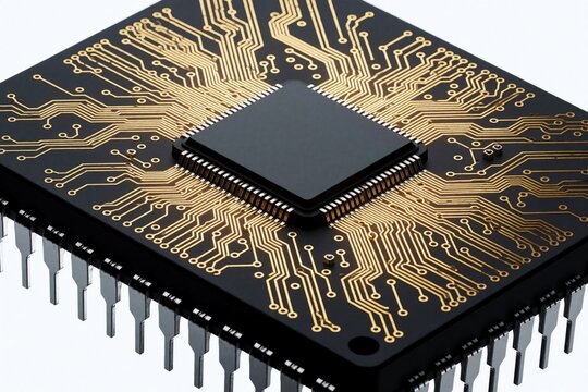 Close up of black microcontroller chip with gold circuit traces on dark PCB. Electronic component features many silver metal pins for soldering. High tech microprocessor hardware part isolated on