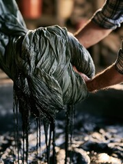 Obraz premium Hands wringing wet dark green fabric dripping