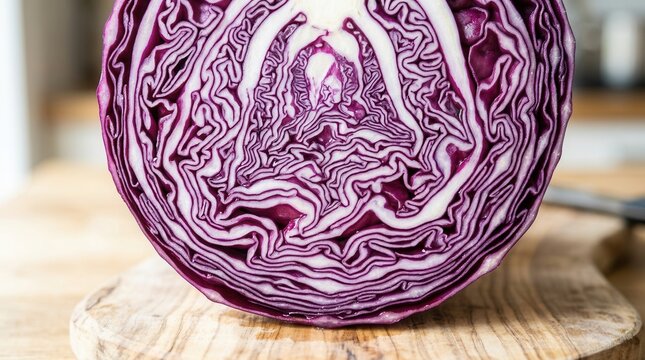 Close-up view of a vibrant red cabbage cut in half on a wooden cutting board.