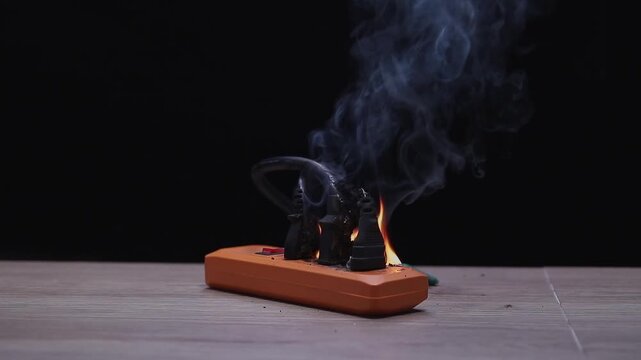 Smoke and fire on overloaded electrical power strip socket causing home short circuit risk and hazardous fire danger on dark background.