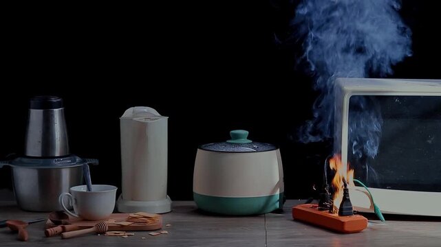 Slow motion of electrical fire hazard and sparks caused by overloaded power strip connected to kitchen appliances in black background.