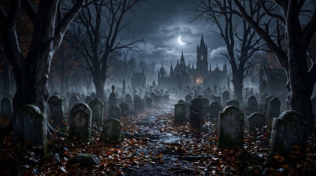 Dark gothic church rising behind moonlit graveyard path covered in autumn leaves for horror concept.