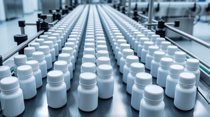 Fototapeta premium Rows of small white plastic bottles move along a conveyor belt in a factory. Automated machinery produces containers for medicine and supplements on a clean production line.