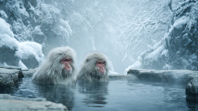 Two Japanese snow monkeys soaking in steaming hot spring during winter snowfall