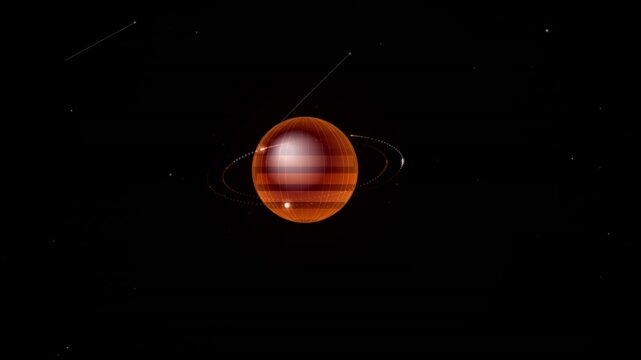 Orange planet with ringed halo floating in dark space loop background