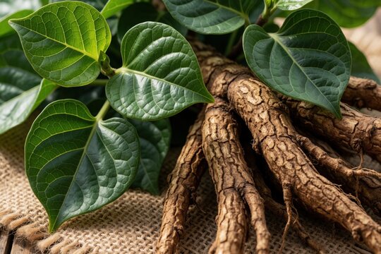 Close up of fresh kava plant with green heart shaped leaves, large textured roots. Raw piper methysticum plant sits on burlap sack. Natural herbal medicine ingredient used for traditional pacific