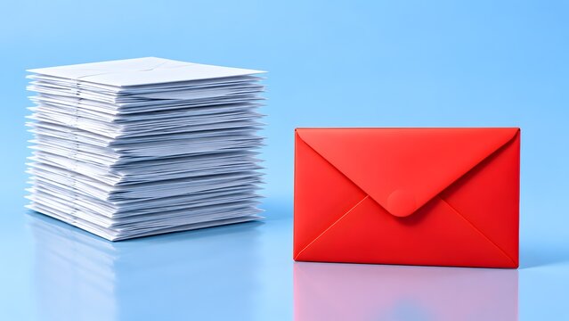 Single red envelope standing beside a large stack of white mail representing priority message