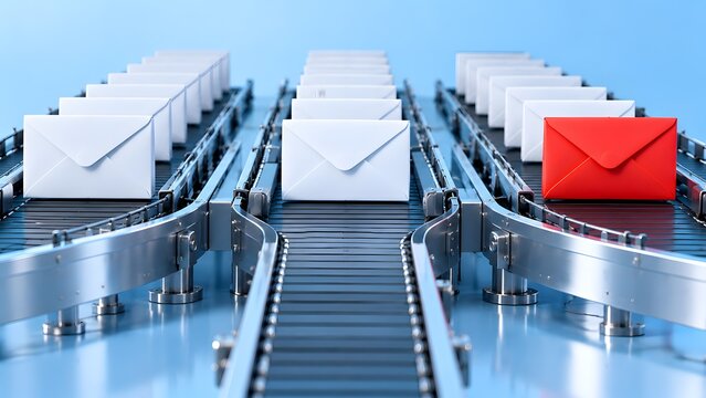 Mail sorting automation concept with diverging conveyor belts separating a red priority envelope