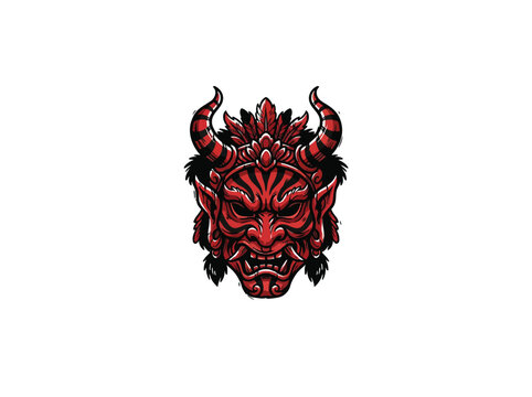 Red Horned Mask With Ornate Feather Details Centered On White Background.eps