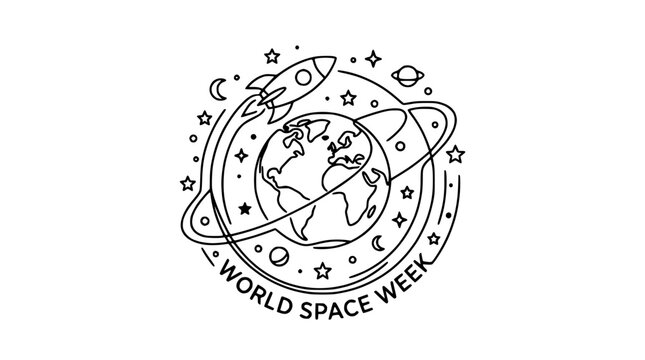 World Space Week rocket orbiting earth vector illustration, isolated