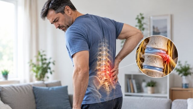 Middle aged man holding painful lower back region with highlighted herniated disc illustration for medical health.