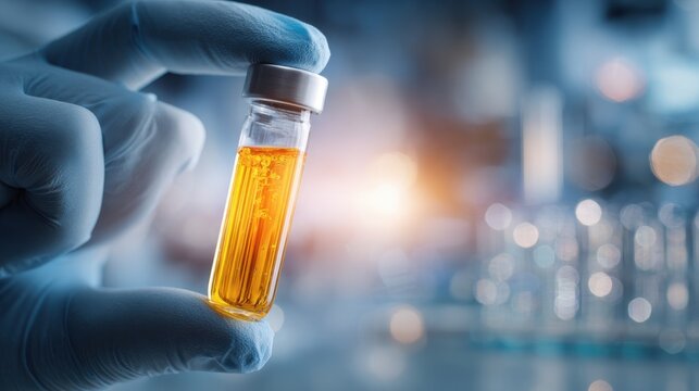 Scientist hand holding glass vial with amber liquid in laboratory