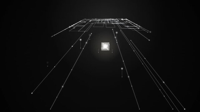 Looping digital network background with glowing nodes and converging lines