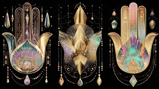 Golden glowing Hamsa hand with intricate mandala and mehndi patterns, iridescent mystical spiritual symbol overlay on black