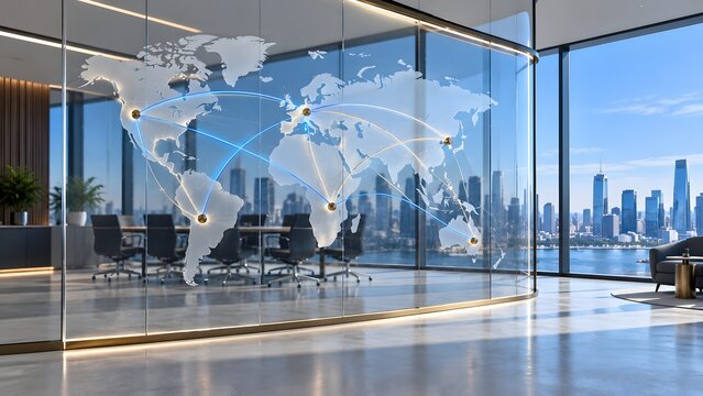 Modern corporate office interior with a digital network world map on a glass wall symbolizing global business connectivity and international corporate strategy