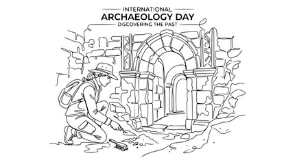 Fototapeta premium Archaeologist Digging Ancient Ruins, International Archaeology Day Illustration