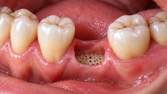 Missing tooth socket in gums with bone visible showing tooth extraction aftermath.